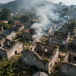 A bird view close-up photo of a destroyed ruins of a village, 4k, dramatic, smoke