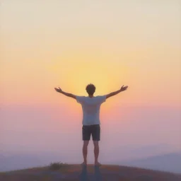 a man standing watching the sunrise, arms and legs open, behance, dream, acrylics, soft colour, featured