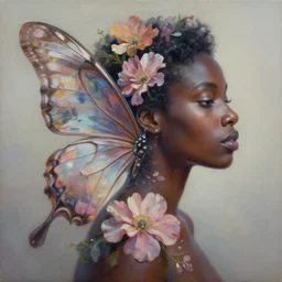 matte oil painting hyperrealism double exposure photograph of a black woman and dreamy flowers in volumetric lighting, light leaks, intricate, highly detailed flower wings