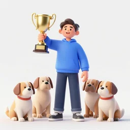 human holding a trophy celebrating, sad dogs around him