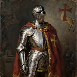 man in 15 century decorated crusader armor and cape with crusader insignia oil painting realistic