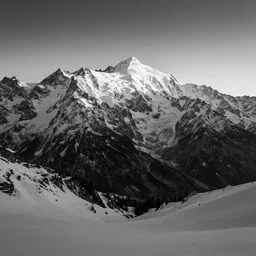 award winning landscape photography of mont blanc by ansel adams, wide angle, high contrast, black and white, dramatic, beautiful light, fine detail