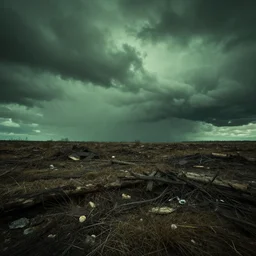 landscape photography of toxic wasteland, by marc adamus, dramatic lighting, green hue's, clouds, dreadful