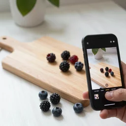 mobile photo of few berries lie on a cutting board on the table, iphone camera, users photo