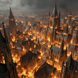 sprawling view of gothic city in flames, fantasy art, high detail