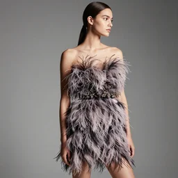 fashion model looking to the right, feather dress, official balmain editorial, highly detailed