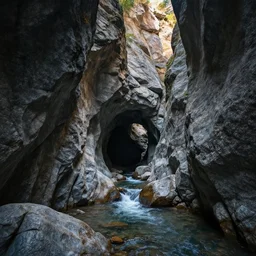 mine entrance in a ravine river in avila dry mountains. granite rocks, 4 k, concept art, by wlop, ilya kuvshinov, artgerm, krenz cushart, greg rutkowski, pixiv. cinematic dramatic atmosphere, sharp focus, volumetric lighting, cinematic lighting, studio quality