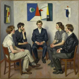 a beautiful masterpiece painting of people who sit around and suppose while the secret sits in the middle and knows, oil painting by cuno amiet, andrey remnev, frank stella, james jean, kazimir malevich, pavel filonov, robert rauschenberg, trending on artstation