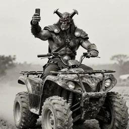 vertical movie frame with heavy warrior riding ancient wood atv, making selfie, armor inspired by diablo barbarian and fashion, strong blooded body, brutal blooded symmetrical face, epic, cinematic lighting, award winning, establishing shot, extremely high detail, photorealistic, brutal, provocative, natural lighting, octane render, old photo, vintage, black and white, sepia, old photography, documentary photography