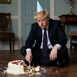 Photograph of Boris Johnson with a single tear on his cheek, wearing a party hat and sat alone in room with a smashed cake on the floor