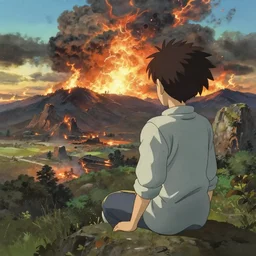 anime character watching an apocalyptic landscape with mountains and the clouds are burning, hyperrealistic, trending on pixiv fanbox, painted by greg rutkowski makoto shinkai takashi takeuchi studio ghibli, akihiko yoshida