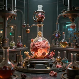 cyberpunk alchemy laboratory full of potions, stunning 3 d render, flesh texture, realistic, highly detailed attributes and atmosphere, dim volumetric cinematic lighting, 8 k octane detailed render, post - processing, masterpiece, rtx on, rendering on unreal engine