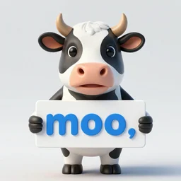 a humanoid cow holding a sign that says'mooo ', letters coloured blue, digital art, trending on artstation and unreal engine, smooth, sharp focus, hyperdetailed