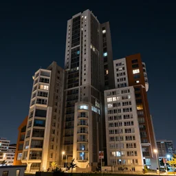 a furturistic brutalist behemoth built in brutalism architecture, diverse unique building geometry full of shapes and corners, photography at night