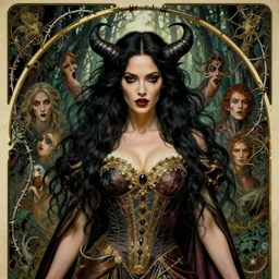 new art nouveau closeup portrait of fantasy succubus megan fox wearing a royal dress in an evil forest, malignant, anna dittmann, moebius, wlop, artgerm, patrick nagle, charlie bowater and loish. long windblown hair, ultrasharp focus, dramatic lighting, barbwire vine arches, octane, matte painting, intricate, d & d, poster