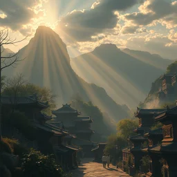 concept art by chen uen, ancient zhou dynasty, street view from mountain, crepuscular rays, epic scene, hyper realistic, photo realistic, overgrowth, cinematic atmosphere, ethereal lighting
