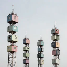 steel towers made up of suspended brutalist squatter shacks with pastel colours, mamiya, 8 5 mm, uniform plain sky, fine details, photographed by michael wolf