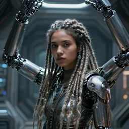 beautiful futuristic himba girl inside a space station, robotic arms, metallic dreadlocks, hyperrealistic, sci - fi, dramatic lighting, intricate, soft focus, assymetrical