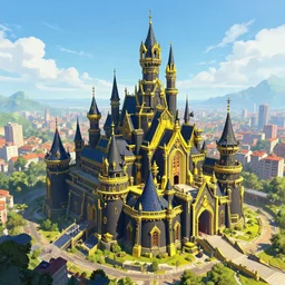 A digital concept art painting of a black and yellow fantasy european castle in a city, ,sunny day, 4K UHD image, unreal engine, Graphic Novel, Visual Novel, professional lighting,deviantart,artstation, vibrant colors, 8k photorealistic, HD, high details,solarpunk