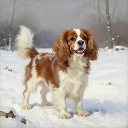 cavalier spaniel, happy winter scene, painting by albert edelfelt