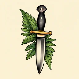 neotraditional Tattoo of a knife with fern leaves wrapping around it