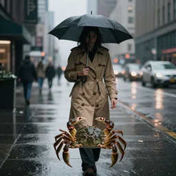 hd masterpiece lensraiblur rainy moody cityscene with crabs in trenchcoats, national geographic, instagram, High quality award winning photography. This city once used to be my home, now its a crabtown where trenchcoats come a dime a dozen.