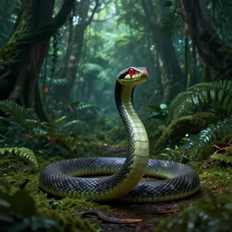 robot snake in the middle of the jungle spying enemy country, red glowing eyes, dense jungle, middle of night, hd, uhd, 8 k, octane render