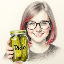 pencil drawing of a smiling girl with short grey red hair and dark rim glasses, she is proudly holding a fido jar into the camera. close up photo. the fido jar is filled with big green pickles, by benoit mandelbrot