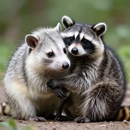 An opossum and an american Raccoon hugging, cute photograph