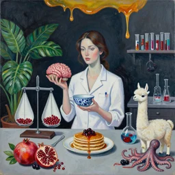 dark kitchen of an art student, sensual portrait of a female pathologist holding a brain, japanese pottery, scales, tropical houseplants, test tubes, honey dripping from ceiling, berries dripping juice, pancakes, pomegranate, berries, alpaca sculpture, octopus, scientific glassware, neo - expressionism, surrealism, acrylic and spray paint and oilstick on canvas