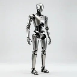 full body cybernetic endoskeleton made of titanium in a white room
