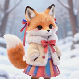 a cute anthropomorphic calico fox girl anthro wearing vibrant ribbons and a fluffy coat and striped skirt, winter park background, aesthetically complementary colors, scenic background, high definition photo by rising artists with a radically new style. trending on artstation, top rated on pixiv and furaffinity