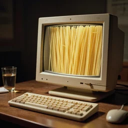 a computer made out of spaghetti, inside a blockbuster vieo, cinematic lighting, photography, retro, film, kodachrome