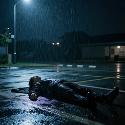 person laying in a parking lot on a dark night, rain drizzling with blaring yet dim lights,  realistic 4k octane beautifully detailed render, 4k post-processing, highly detailed, intricate complexity, epic composition, magical atmosphere, cinematic lighting, masterpiece, ultra hd