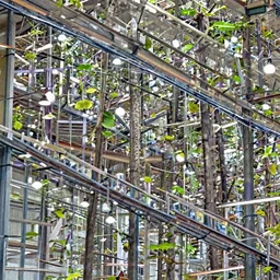 professional photograph of industrial warehouse with bright overhead lights, and a forest growing inside of it