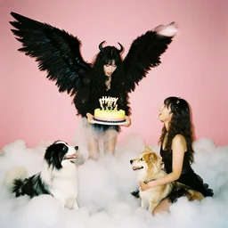 dark angel throwing a yellow - pink - black birthday cake from the clouds onto a woman with two dogs, kodak film