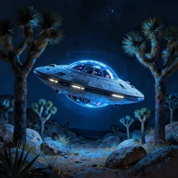 matte painting glowing spaceship in clearing in Joshua Tree Forest at night. Forest is lit by eerie blue glow. Ufo. Digital painting. Beeple. Noah Bradley. Cyril Roland trending on artstation.