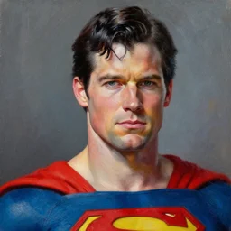 dynamic macro head portrait of hyperrealistic christopher reeve wearing superman costume, painting by alex ross, oil painting photo real