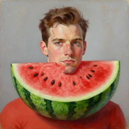 watermelon man, superhero, oil on canvas painting by william sidney mount, character portrait, trending on artstation