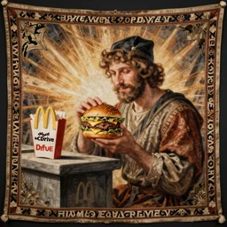 Medieval tapestry art of a man buying a cheeseburger in a McDrive