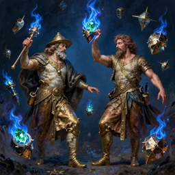 the arcanist and the artificer by albert bierstadt and gerald brom and zdzisław beksinski and james gilleard, highly detailed, hyperrealistic, floating metallic objects, blue flames, low light, glowing green crystals