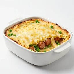 sausage pasta bake with peas, food photography, studio kitchen