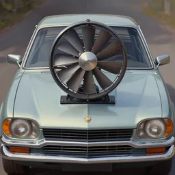 A car with a giant fan attached to its hood pointing straight ahead , beautiful digital art, cinematic composition, detailed, concept art, Matt painting, oil painting, high res, norman rockwell artwork style,