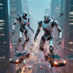a cyberpunk city, robots, flying cars,