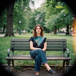 a woman sitting on a bench in a park, a character portrait by eva gonzales, pexels contest winner, cubo - futurism, photo taken with provia, shot on 7 0 mm, anamorphic lens flare