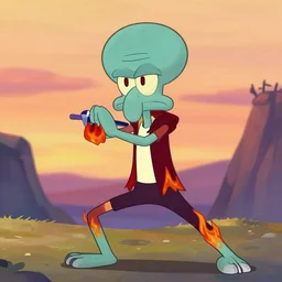 tentacled [ squidward ], detailed face, wearing fire nation clothing and practicing firebending outside at susnset, [ greg rutkowski ]