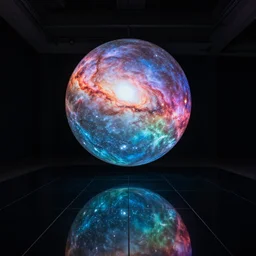 a large scale immersive public art installation. big mirror floor reflect single big suspended sphere with projected space nebula generative visuals on it inside giant and dark printworks venue. low light