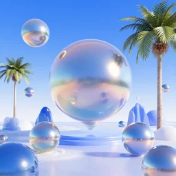 cg render of a 3 d world with chrome orbs, palm trees and blue sky. slick futuristic looks, gradients, translucence, and blobitecture. vaporwave