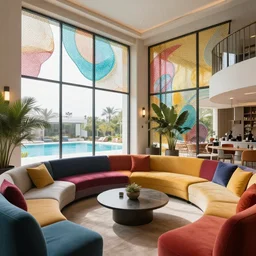 interior design of a beautiful lounge with creative windows and colorful couches designed by zaza hadid, window to the pool, sharp, hyper - detailed, 8 k resolution, good lighting