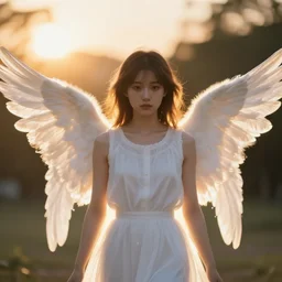 centered  waist up portrait of an angel + glowing outlines, bokeh + DOF + 8k, photorealistic + rendered in unreal engine + ultra realistic + backlit + strong rimlight, sunset + HDRI, HD, Photoreal